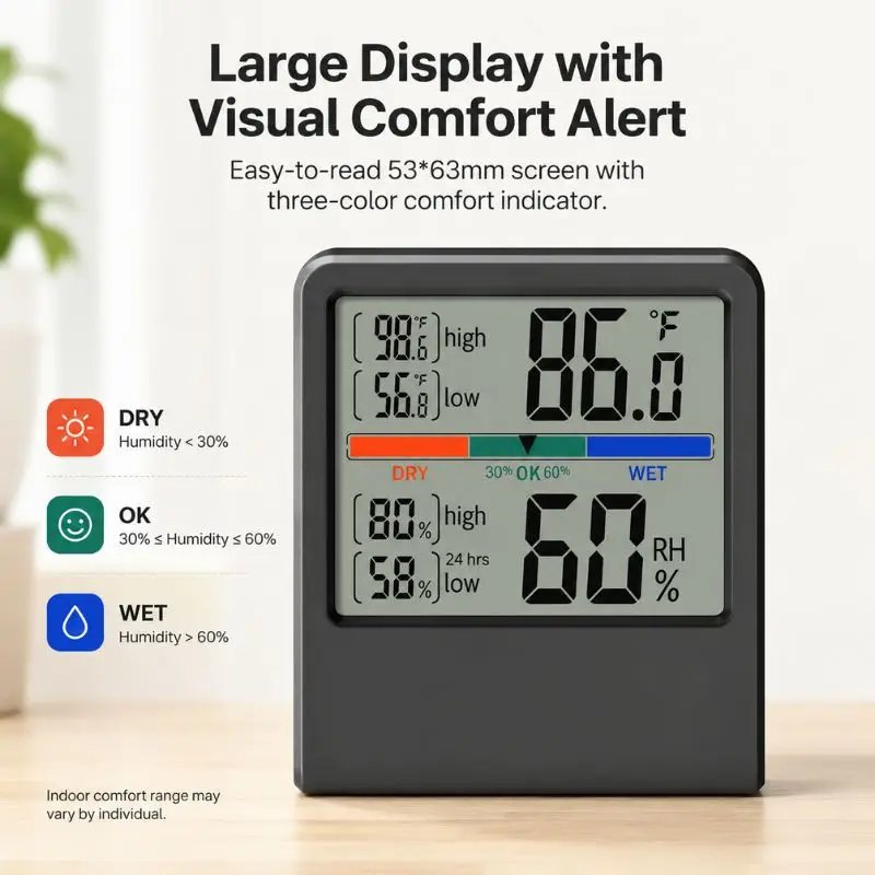 Ultra Thin Large Display Indoor Thermometer Hygrometer with Magnetic Stand Battery Powered Min Max Memory