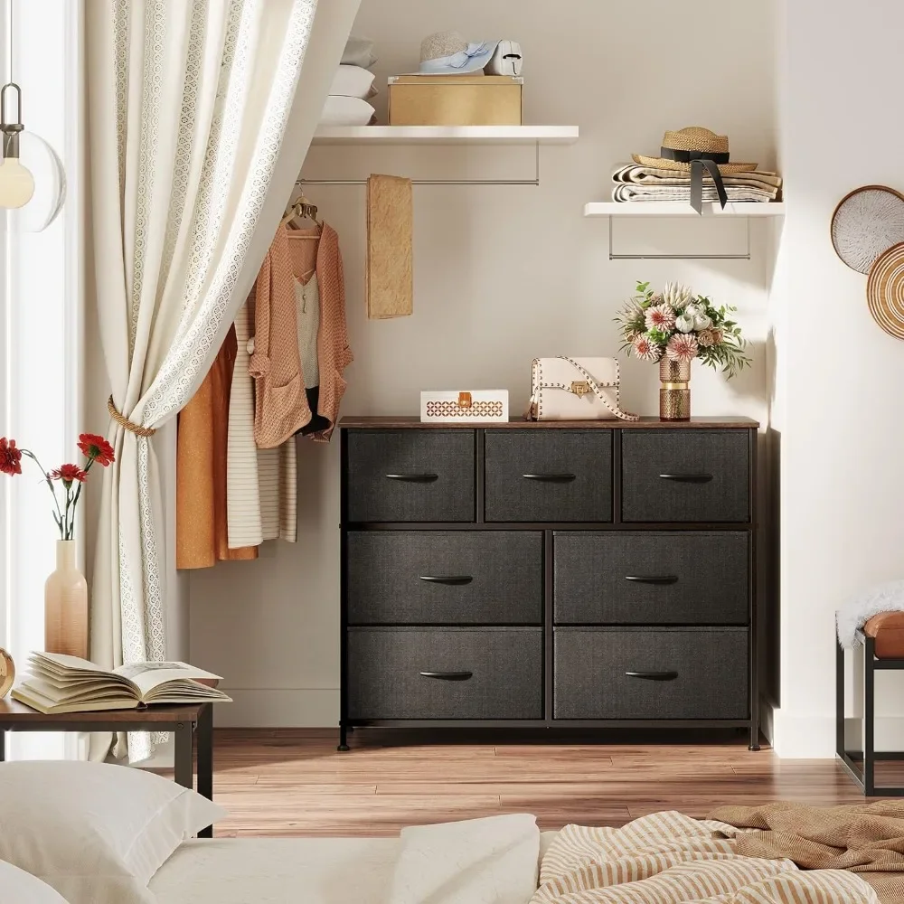 Dresser,Entertainment Center,Media Console Table Metal Frame Chest of Drawers for Bedroom,Black and Rustic Brown Vanity Desk