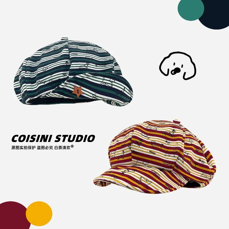 

Ins Fashion Color Matching Striped Cartoon Printed Berets Cap Y2K Summer Autumn Travel Leisure Sunscreen Versatile Newsboy Hat