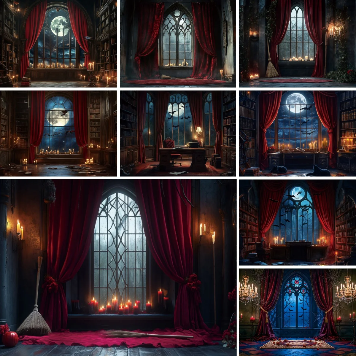 Halloween Backdrop Blue Moon Night Medieval Gothic Room Window Red Curtains Bookshelf Candlelight Home Decor Photo Background
