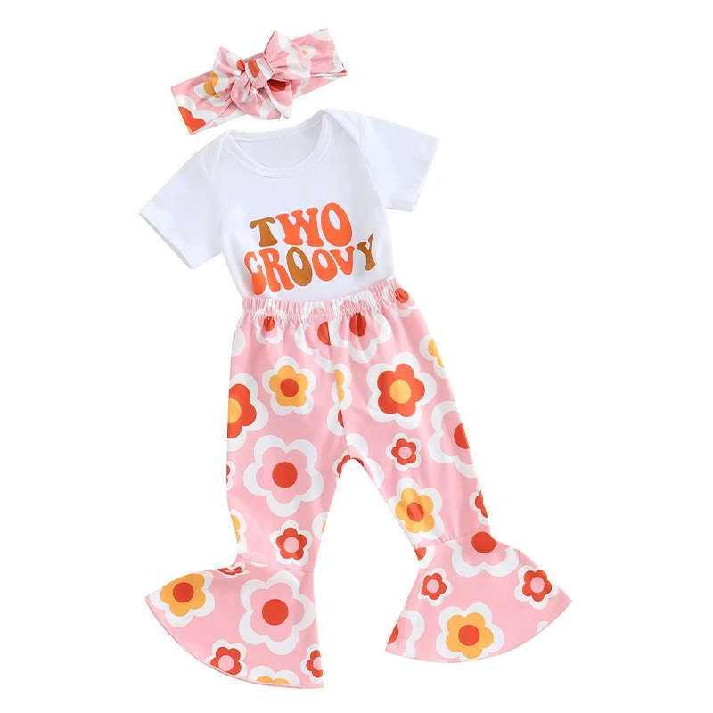 

Baby Girl Flared Pant Sets Short Sleeve Letter Print Romper Floral Print Bell Bottoms Headband Clothes Set