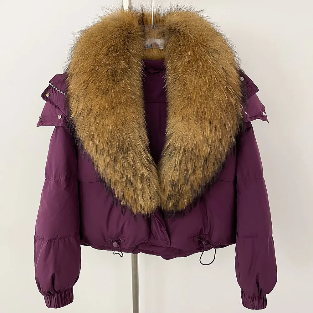 2024 New Winter Big Natural Fox Fur Fluffy Puffer Coat Women Button Warm 90White Duck Feather Down Short Jacket Waterproof Parka