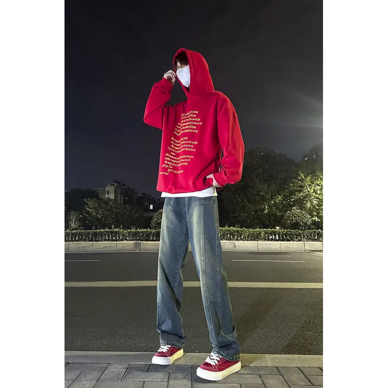 

American Sle Men's Jeans Spring Autumn High Street Vibe Straight Loose Wide Leg Pants Youth Faion Wear Resistant