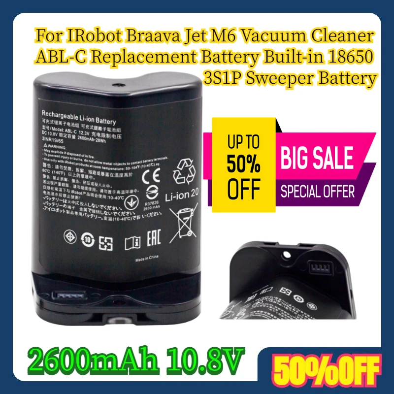 

2600mAh 10.8V For IRobot Braava Jet M6 Vacuum Cleaner ABL-C Replacement Battery Built-in 18650 3S1P 2600mAh Sweeper Battery