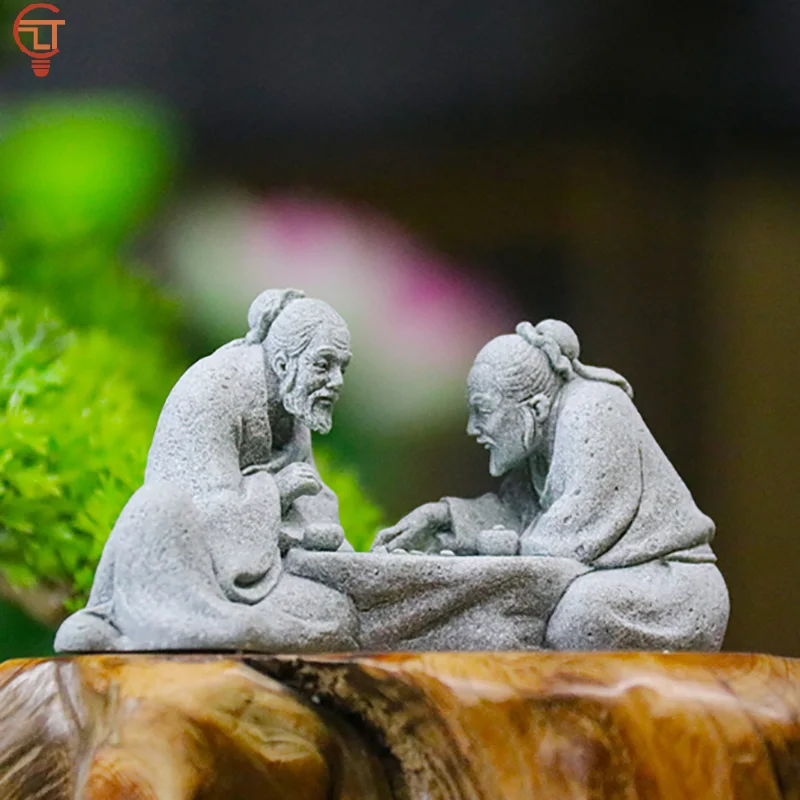 1pcs Chinese Elder Playing Chess Statues Miniature Landscape Ornament Home Decoration