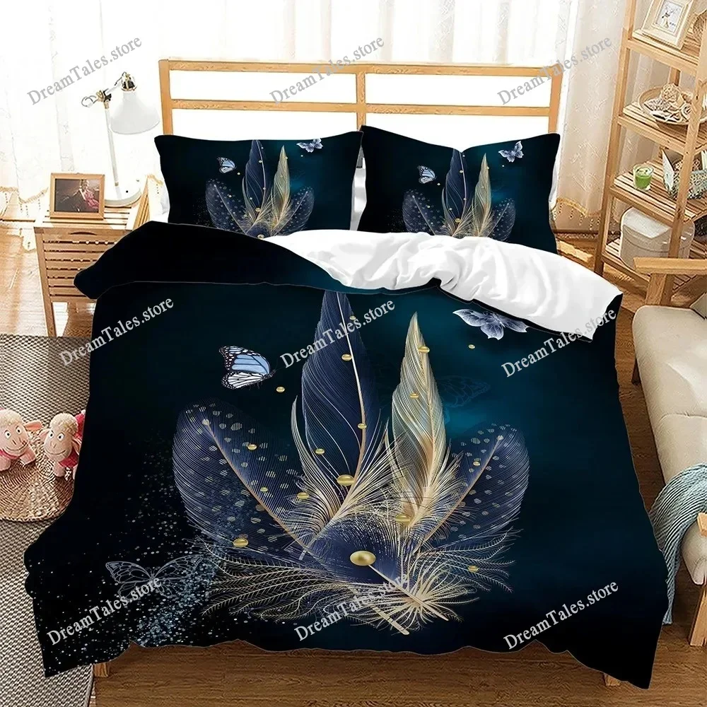 

Feather Duvet Cover Set 3D Golden Feather Marble Polyester Pillowcases Quilt Cover Home Decor Gift Twin King Queen Bedding Set