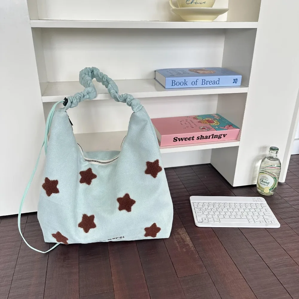Korean Versatile Star Print Shoulder Crossbody School Bag for Student Large Capacity Underarm Commute Tote with Ruched Strap