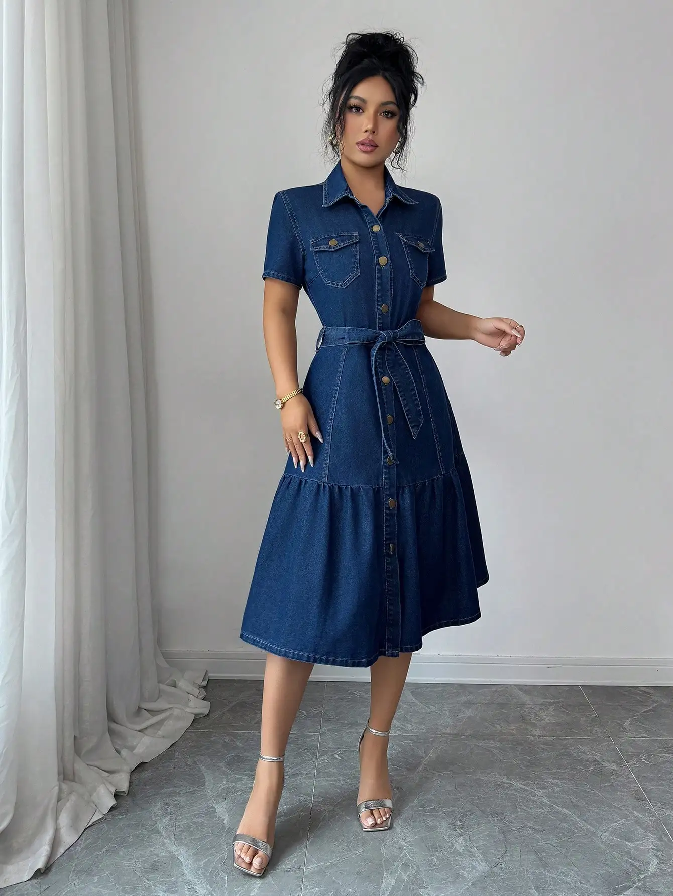 

Women's Casual Washed Denim Shirt Dress With Belt Short Sleeve Knee Length