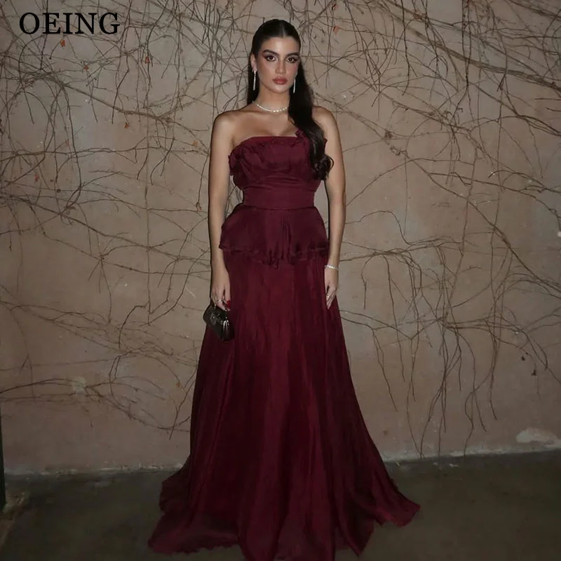 OEING エレガントな A ライン バーガンディ プロムドレス ストラップレス ノースリーブ フロアレングス イブニングドレス فساتين سهرة カスタマイズ