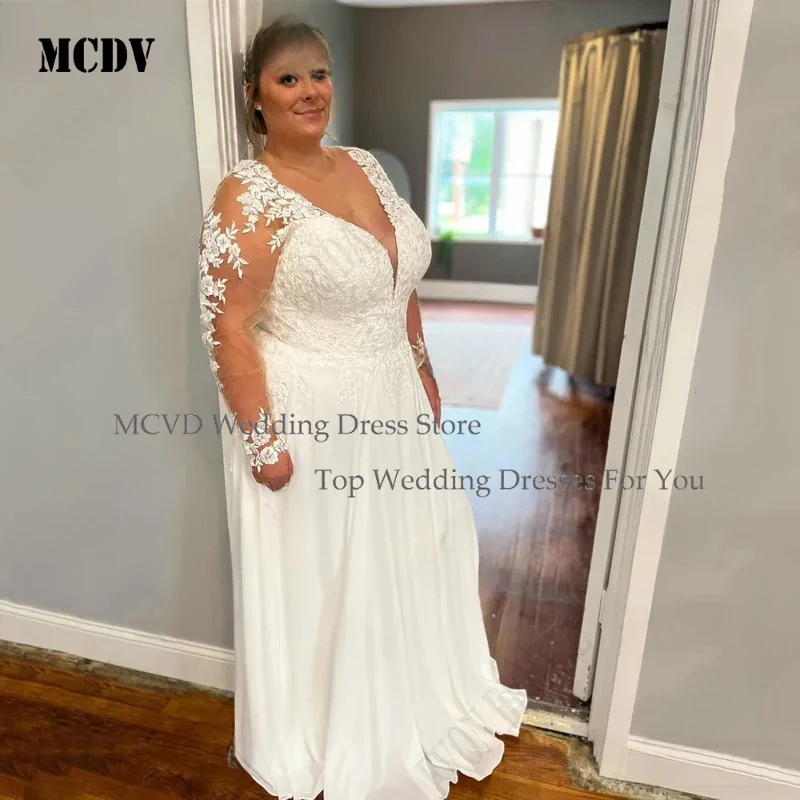 

MCDV Women Plus Size Wedding Dress Long Sleeves V Neck Chiffon A Line Bridal Gown Applique Lace Sweep Train Custom Made