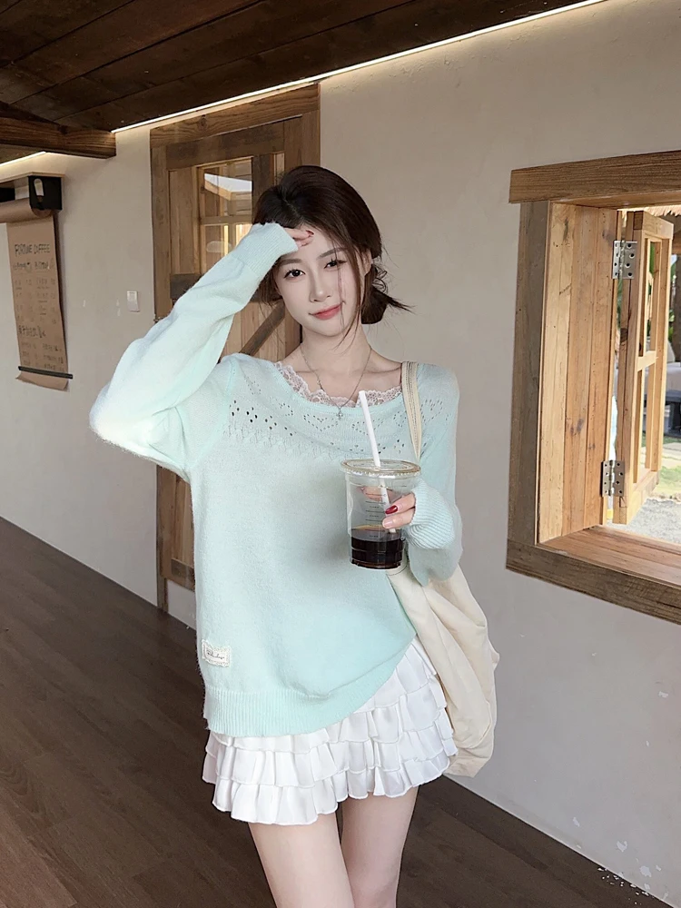 

Spring 2026 Women's Gentle Wind Hollow out Long Sve Knitted Cover up Top Thin Loose Dopane Sle Faionable Trendy