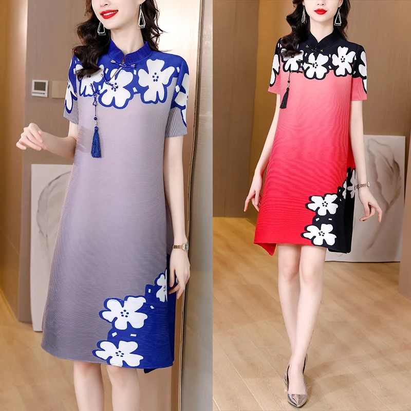 High-end Vintage Issey Pleated Printed Elegant Slim Dress Women's 2022 New Summer Miyak Improved Cheongsam Age-reducing Dresses