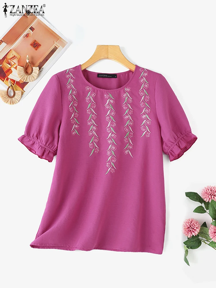 Zanzea Sommer Vintage Tunika Tops Frauen Kurzarm Stickerei Blumen bluse lässig lose Rüschen Hemd Bohemian Blusas Hemd