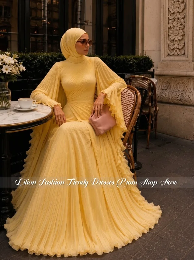 Hellgelbes, dezentes muslimisches Abendkleid aus plissiertem Chiffon, maßgeschneidertes Ballkleid mit Rüschen, Hochzeitsgastkleid, Geburtstagspartykleid