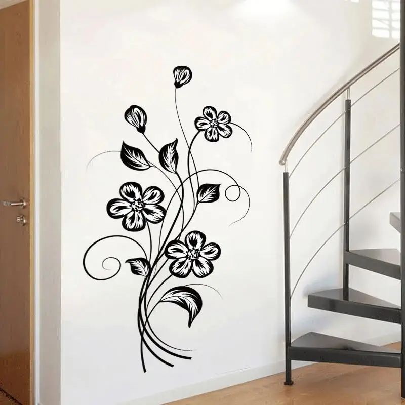 Pegatinas de pared de Flores Negras de ambiente vibrante, papel tapiz de arte autoadhesivo, decoración de sala de estar, dormitorio, arte de vinilo