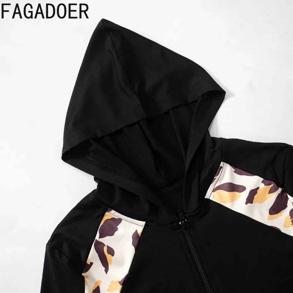 FAGADOER Fashion 2 Piece Sets Women Outfit Zip Leopard Print Patchwork Hooded Crop Tops + High Waist Pants Suits Streetwear