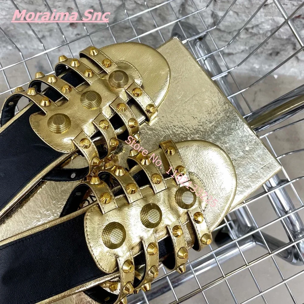 

New Rivet Hollow Women Punk Slippers Round Open Toe Flat With Luxury Metal Decoration Leather Casual Outside Retro Ladies Shoes
