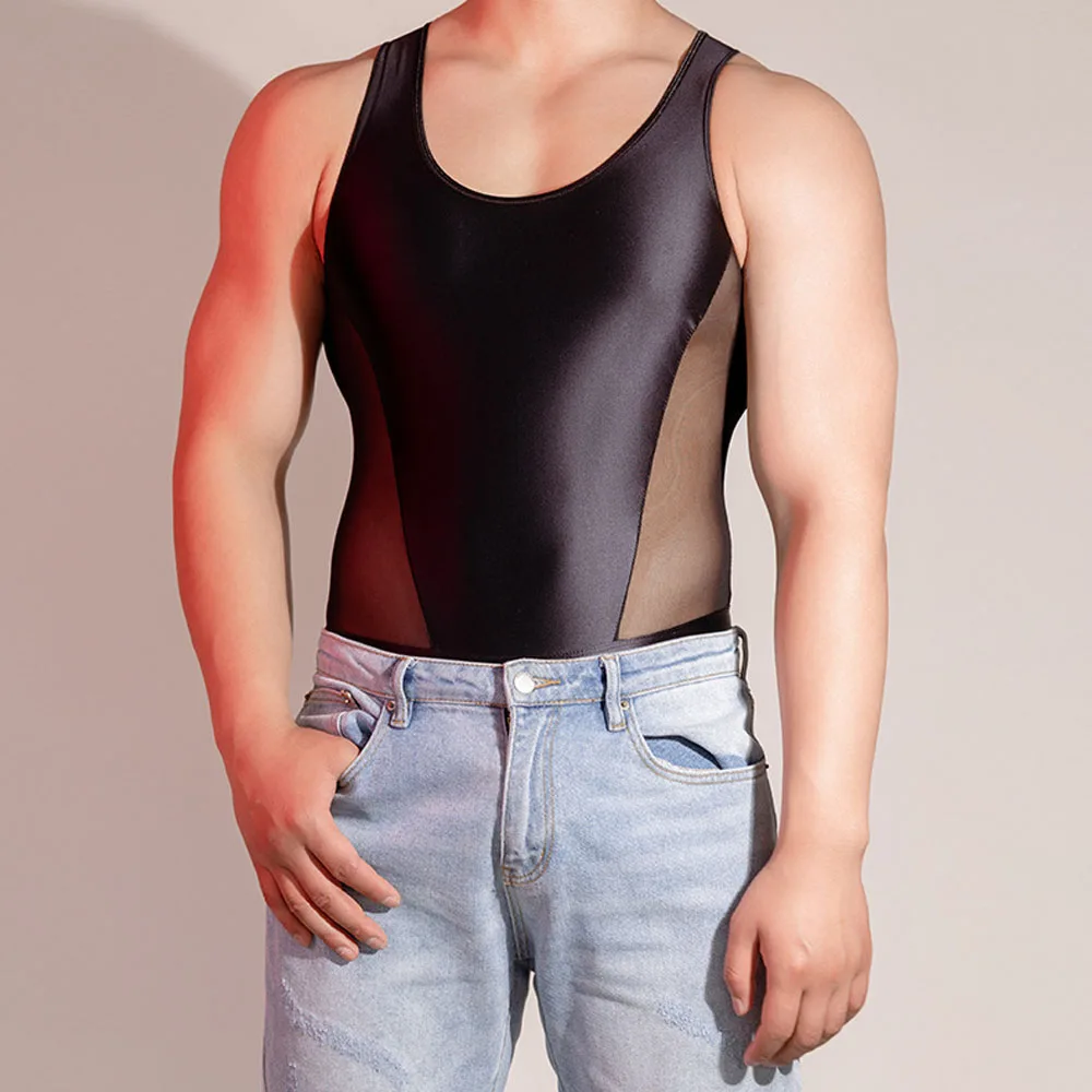 Sexy Men's Sleeveless Bodysuit U Bulge Pouch Elastic Tights Oil Glossy Sheer See Through Leotard mesh Breathable Shaping onesies
