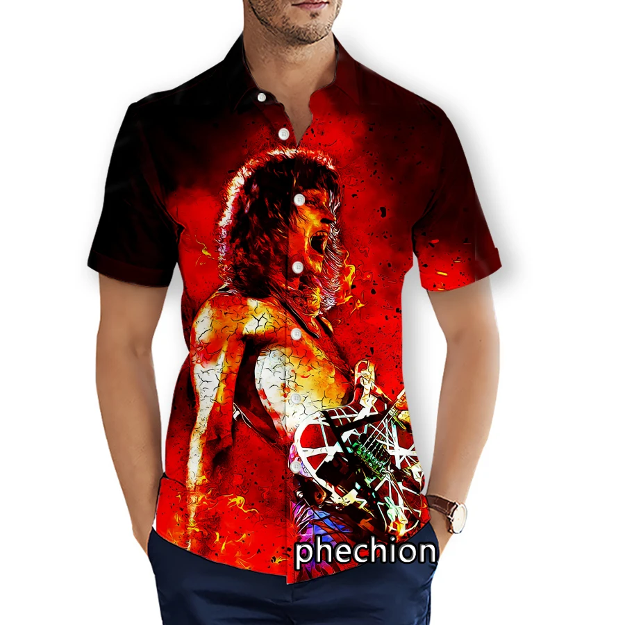 phechion Summer Mens Short Sleeve Beach Shirts Van Halen Band 3D Printed Casual Shirts Fashion Streetwear Men Tops X16