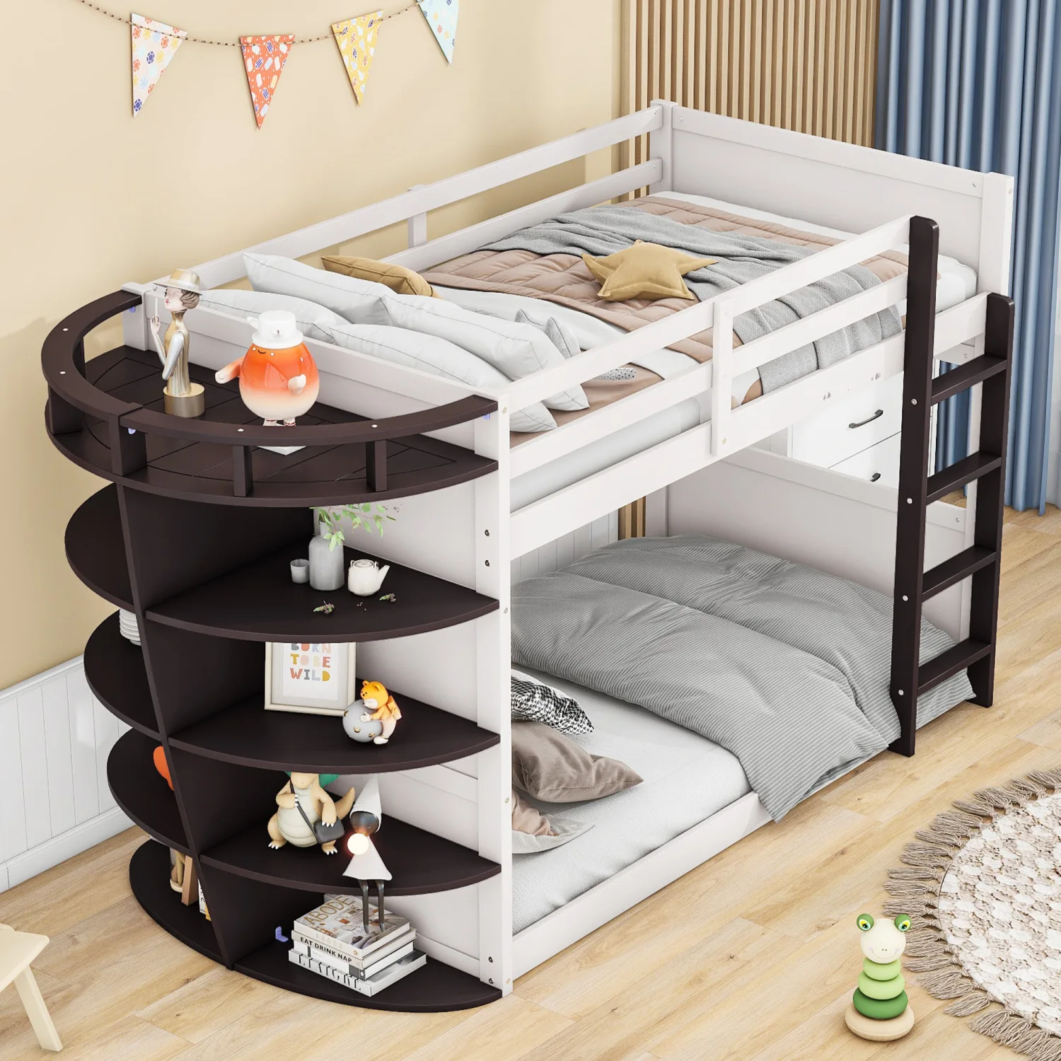 Twin over Twin Boat-Like Shape Bunk Bed with Storage Shelves, Cream+Espresso