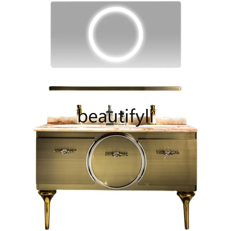 

Light luxury stainless steel bathroom cabinet combination custom bathroom washbasin gold double basin marble floor