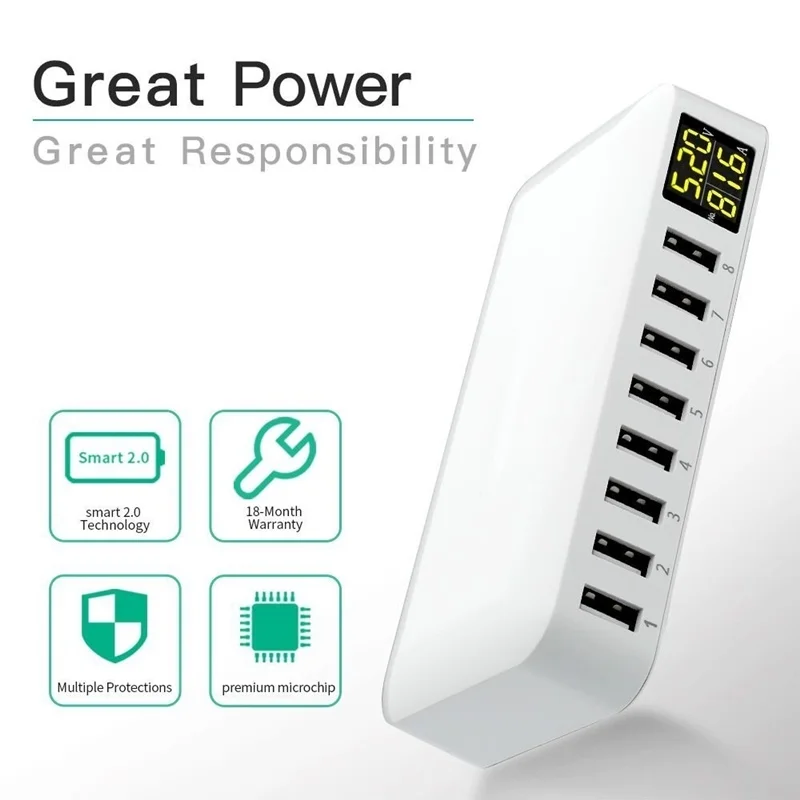 Multi 8 Port USB Fast Charger Desktop Phone Carregador LCD Display Charing station Dock HUB For Iphone 14 Samsung Xiaomi Tablet