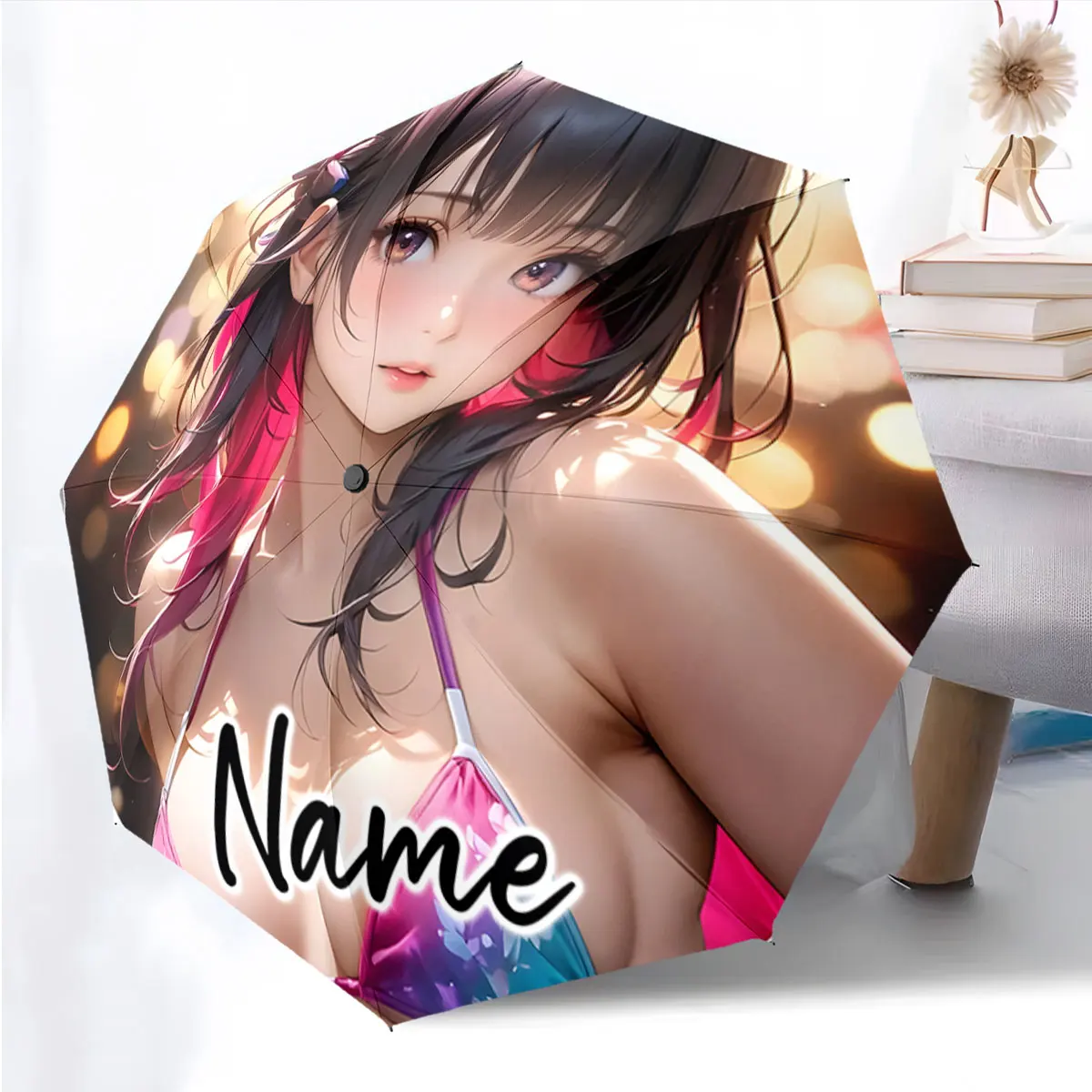 Custom Name Umbrella Anime Character on Stylish Umbrella Print 8 Iron Ribs Folding Umbrella Auto-Open Fashion Sunshade