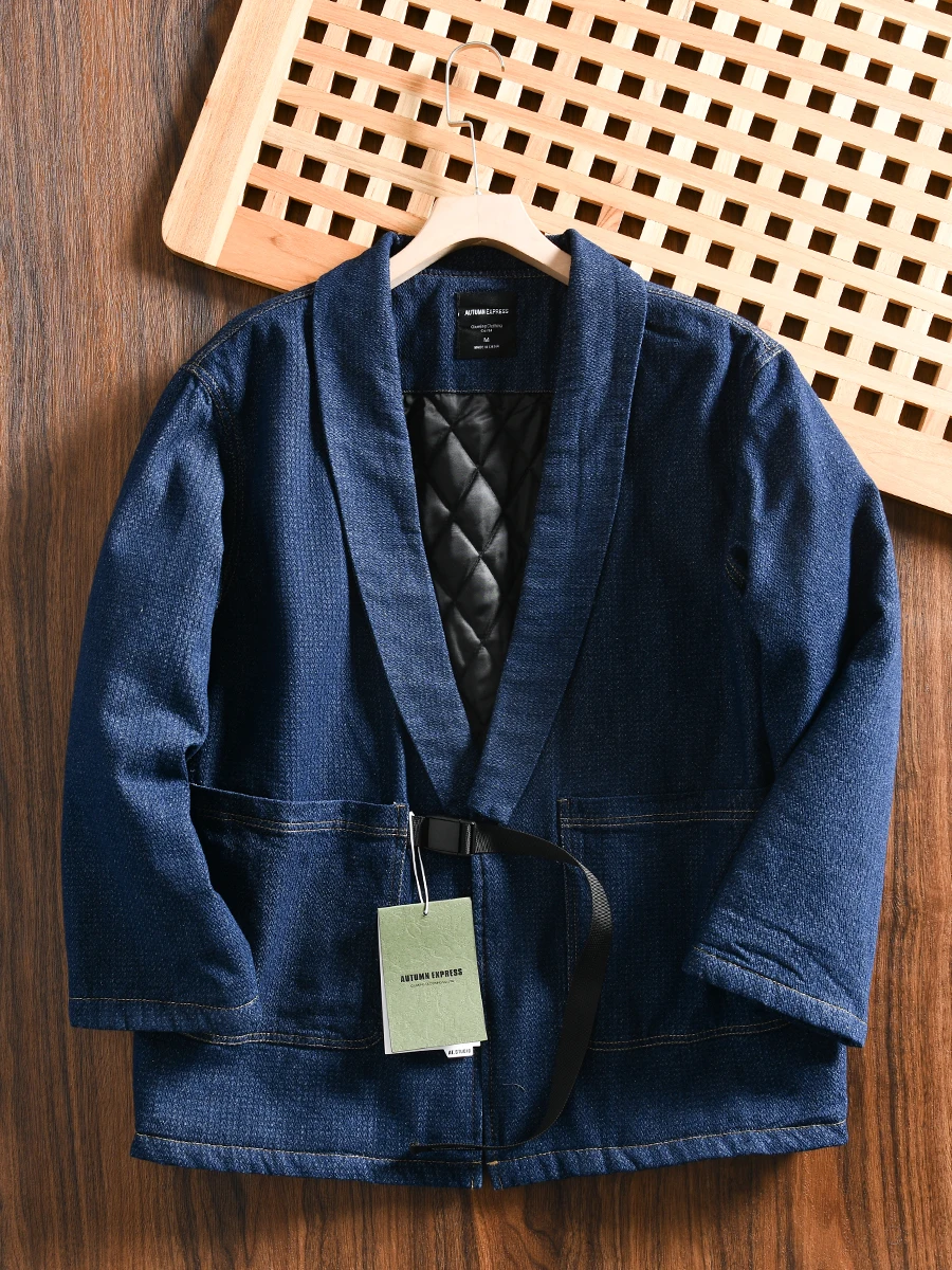 

Retro Japanese Style! Patchwork Cotton Jacket! Men's Winter Thick Warm Loose Casual Denim Robe Cotton Clothes