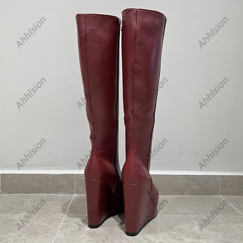 Ahhlsion Handmade Women Winter Knee Boots Stiff Matt Wedges Heels Round Toe Goregous Burgundy Shoes Ladies US Plus Size 5-20