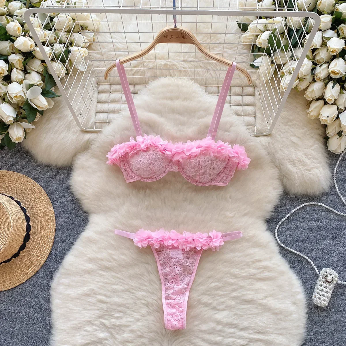 

New Sensual Mesh Lace Lingerie Three Pieces Sets Women Floral Strap Mini Bra+Thongs Hollow Out Sexy Underwear Suits