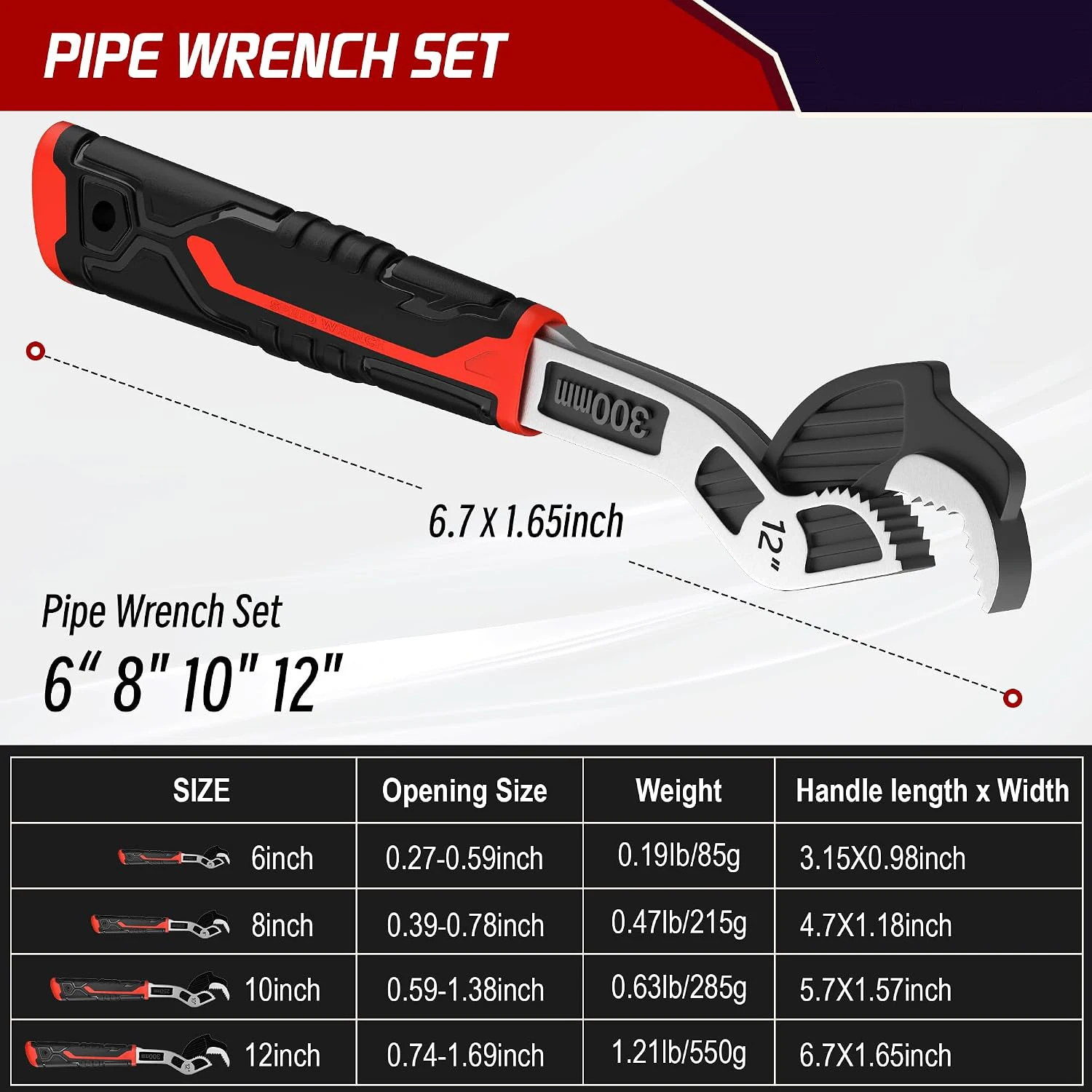 Self Adjusting Pipe Wrench, 6/8/10/12 Inch One Hand Self Locking Adjustable Spanner, Multifunctional Plumbing Repair Hand Tool