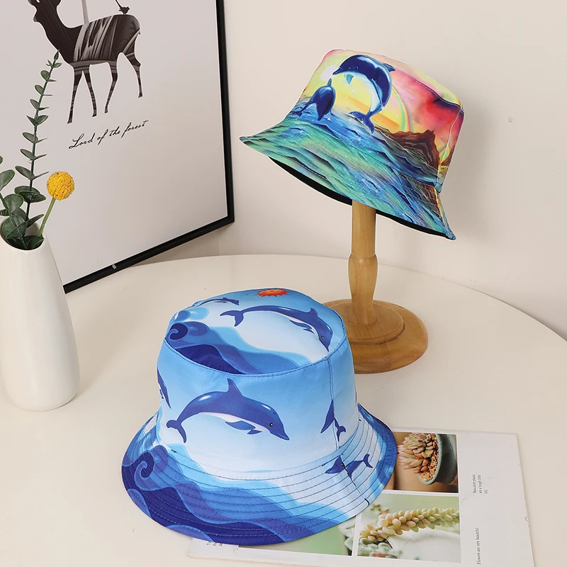 Fashion trend printed dolphin double sided fisherman hat suitable for men and women leisure travel