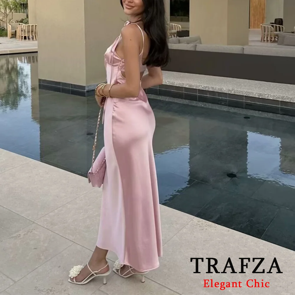 Trafza-女性のためのシックなミドル丈ドレス,ヴィンテージ,無地,カットアウトデザイン,夏のファッション,サテンドレス,ビーチパーティー,休暇,日,2024