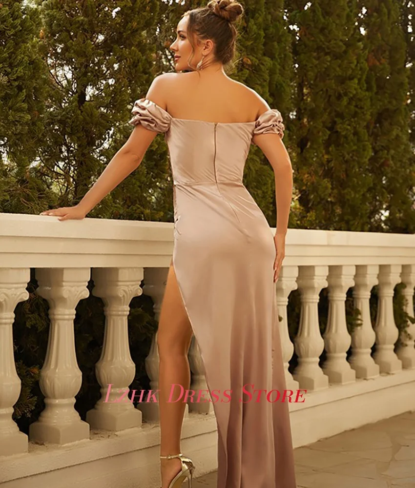 Vestido de noche recto de satén personalizado, Sexy, con hombros descubiertos, temperamento, cuello barco, manga corta, largo hasta el suelo, vestidos de graduación