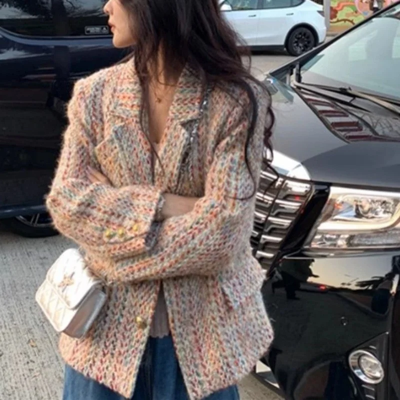 

Красочный маленький шерстяной блейзер в шифоновом стиле для женщин, осеннее новое поступление 2025, элитная и элегантная блузка