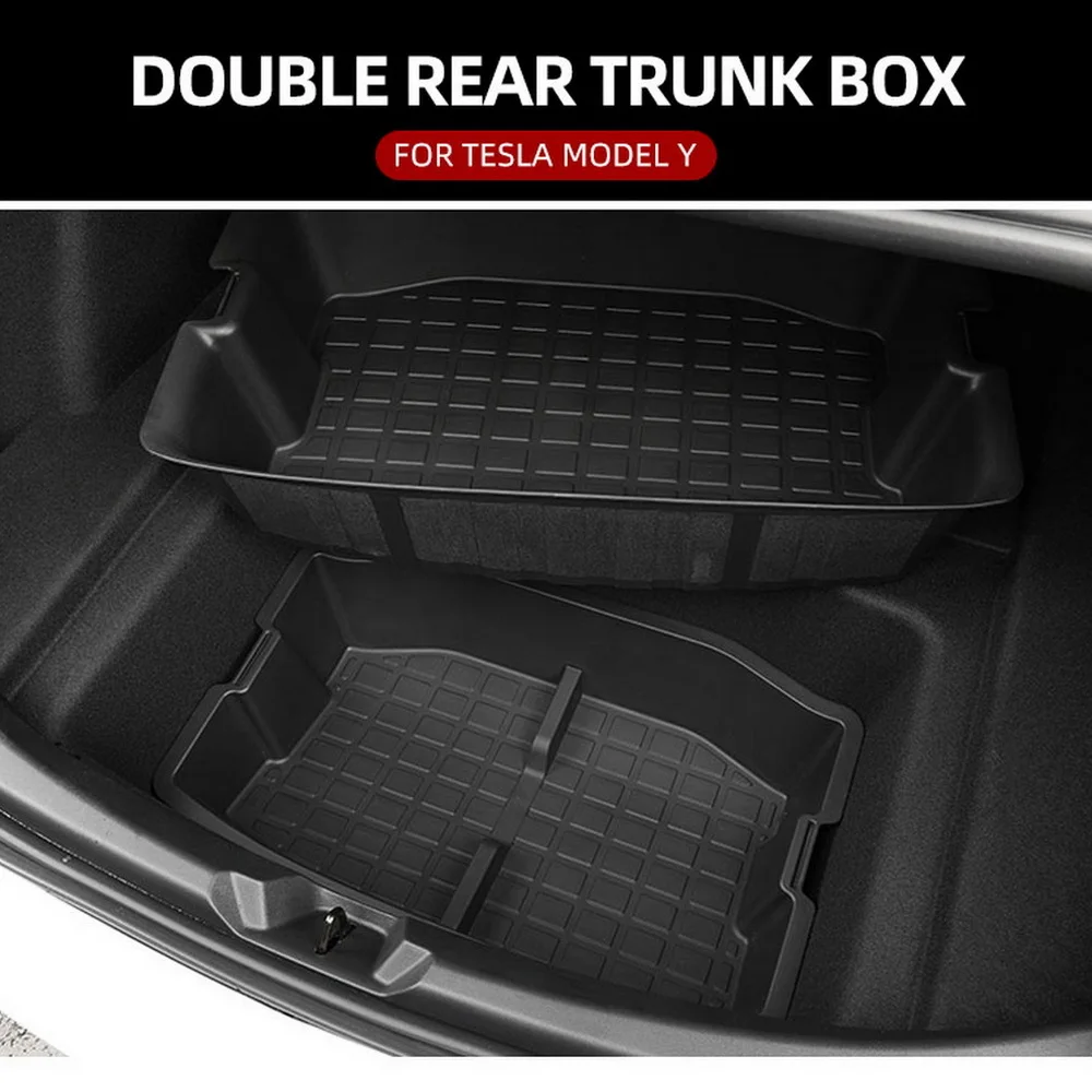 Für Tesla Modell Y Stamm Lagerung Box Doppel-Deck Gepäck Organizer Staubdicht Cargo Tasche Multi-funktionale Container Auto zubehör