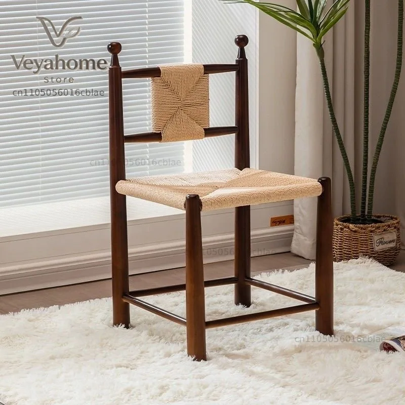 MOMO Antique Solid Wood Rattan Dining Chair Retro Grass Rattan Chair Household Simple B&B Cafe Leisure Rattan Backrest Chair