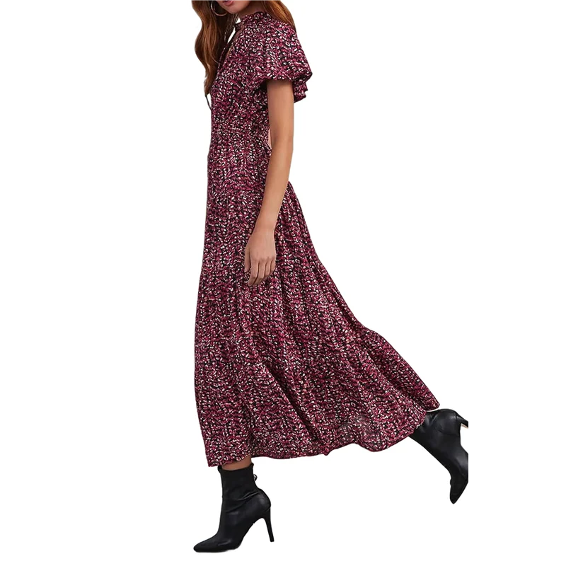 ABRT-Summer Maxi Dresses For Women 2025 Casual V Neck Puff Short Sleeve Smocked Flowy Beach Boho Long Floral Dress