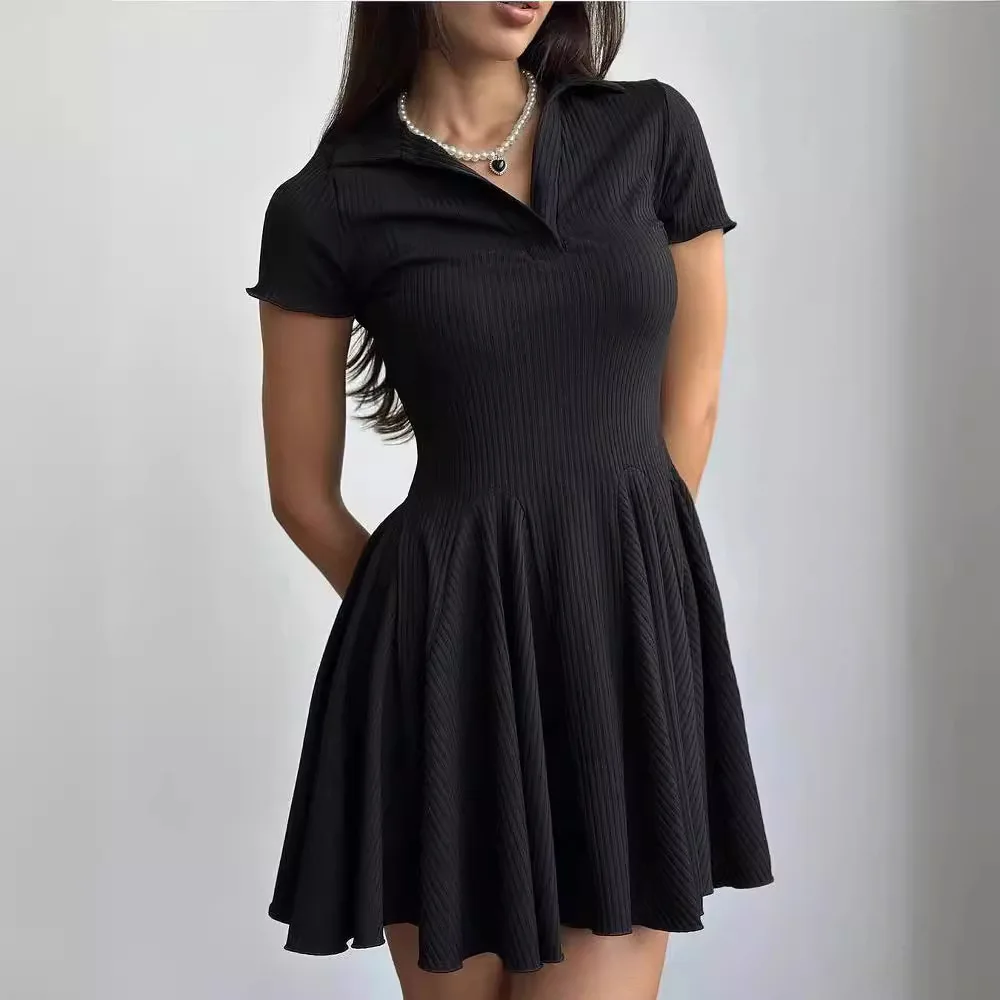 

Women's Slim Fit Mid Waist Fashionable Solid Color Simple Spring Summer Long Sleeved POLO Collar Casual A-line Mini Dress