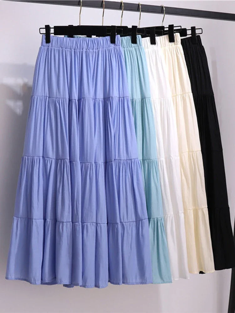 

Long Maxi Pleated Skirt Women 2024 Summer Casual Solid A Line Elastic High Waist Skirt Female with Lining White Purple Z532