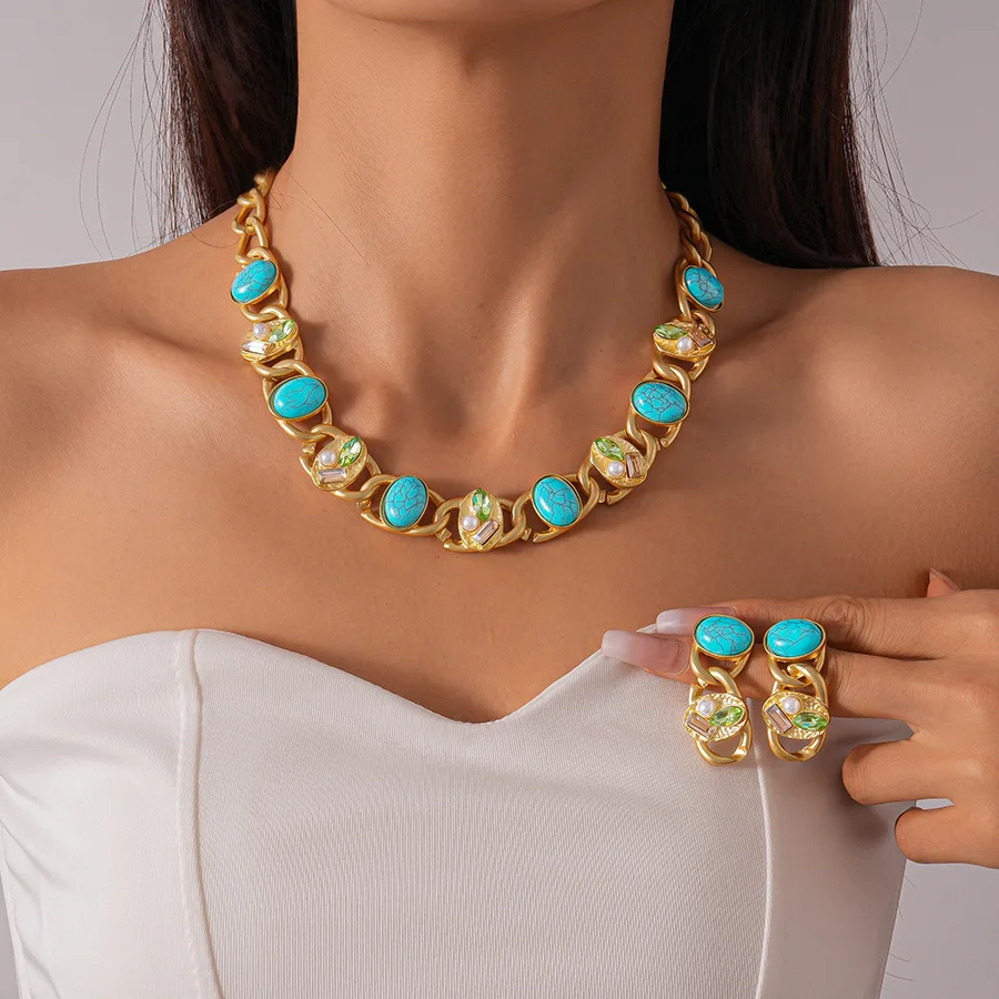 

Bohemian Turquoise Beaded Necklace Bracelet Earrings Jewelry Set Vintage Rhinestone Golden Chain Necklace Party Accessories