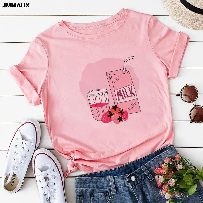 Harajuku Aesthetic Pink Top Female Clothing Tees Japan Strawberry Juice Graphic Print Women's T-shirt 2021 Summer Fashion Tshirt