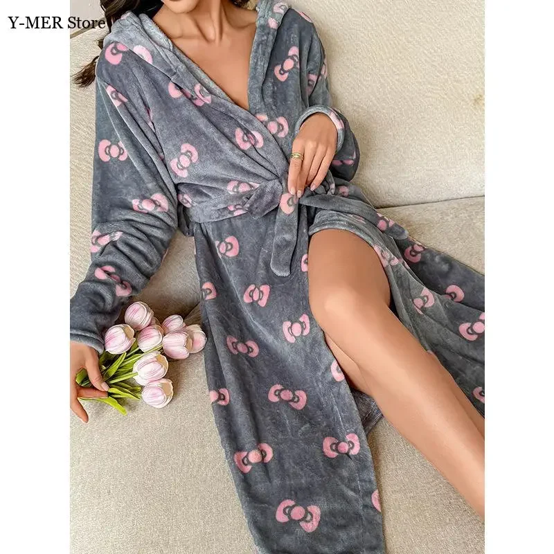 

Autumn Winter New Flannel Hooded Bathrobe Women's Long Plush Robe Print Home Clothes Butterfly Knot Sleepwear Soft Nightwear