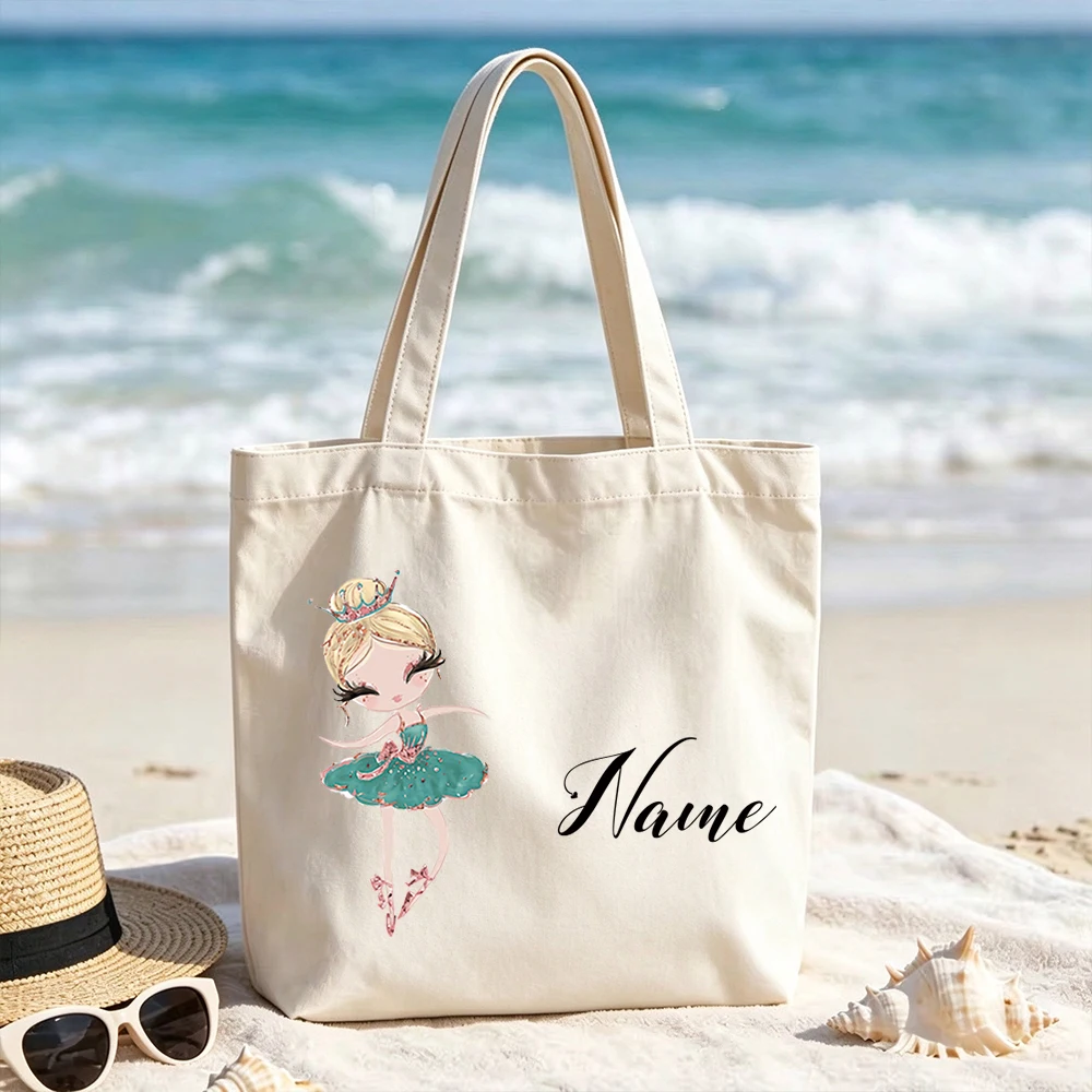 Personalized Ballet Dancers Canvas Tote Bags Custom Name Cute Ballerina Grocery Shopping Bag Reusable for Girls Kids Teens Gifts