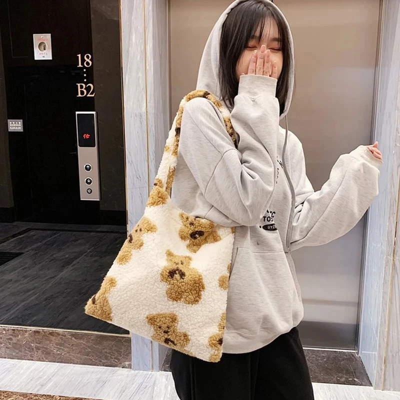 Women Lamb Like Fabric Shoulder Tote Bag Canvas Fluffy Fur Bear Handbags Large Capacity Soft Shopping Bags Girls Cute School Bag