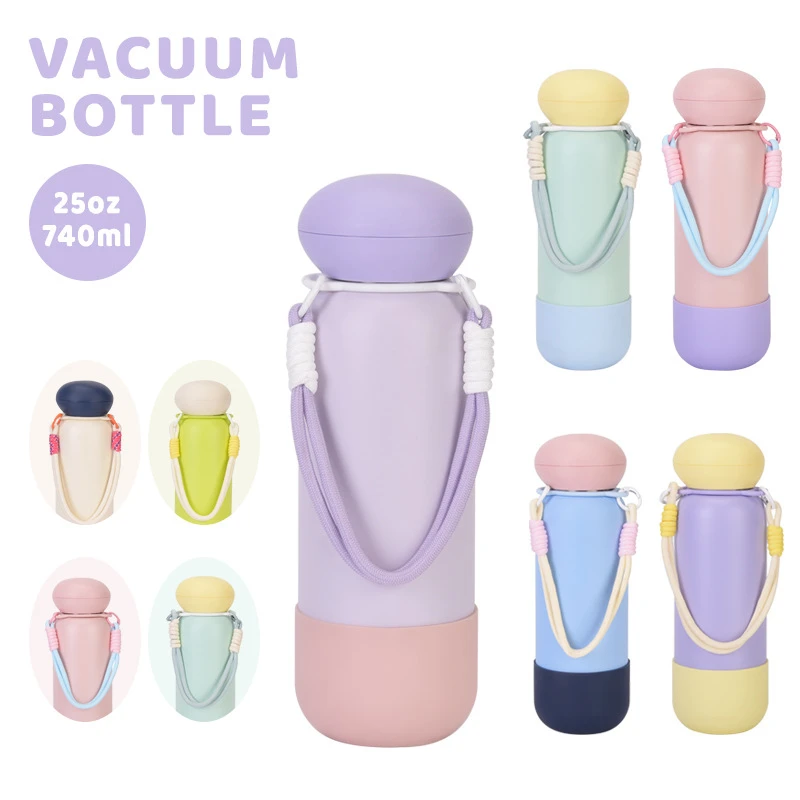 25oz large capacity stainless steel water bottle with portable carrying strap, color-blocked design, outdoor insulated cup