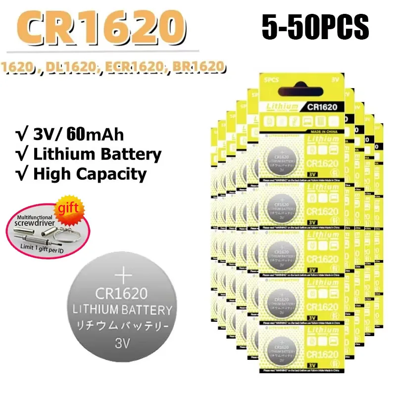 CR1620 Button Battery Suitable for Watches, Car Remote Controls, Calculators, Scales, Shavers DL1620 BR1620 Button Battery