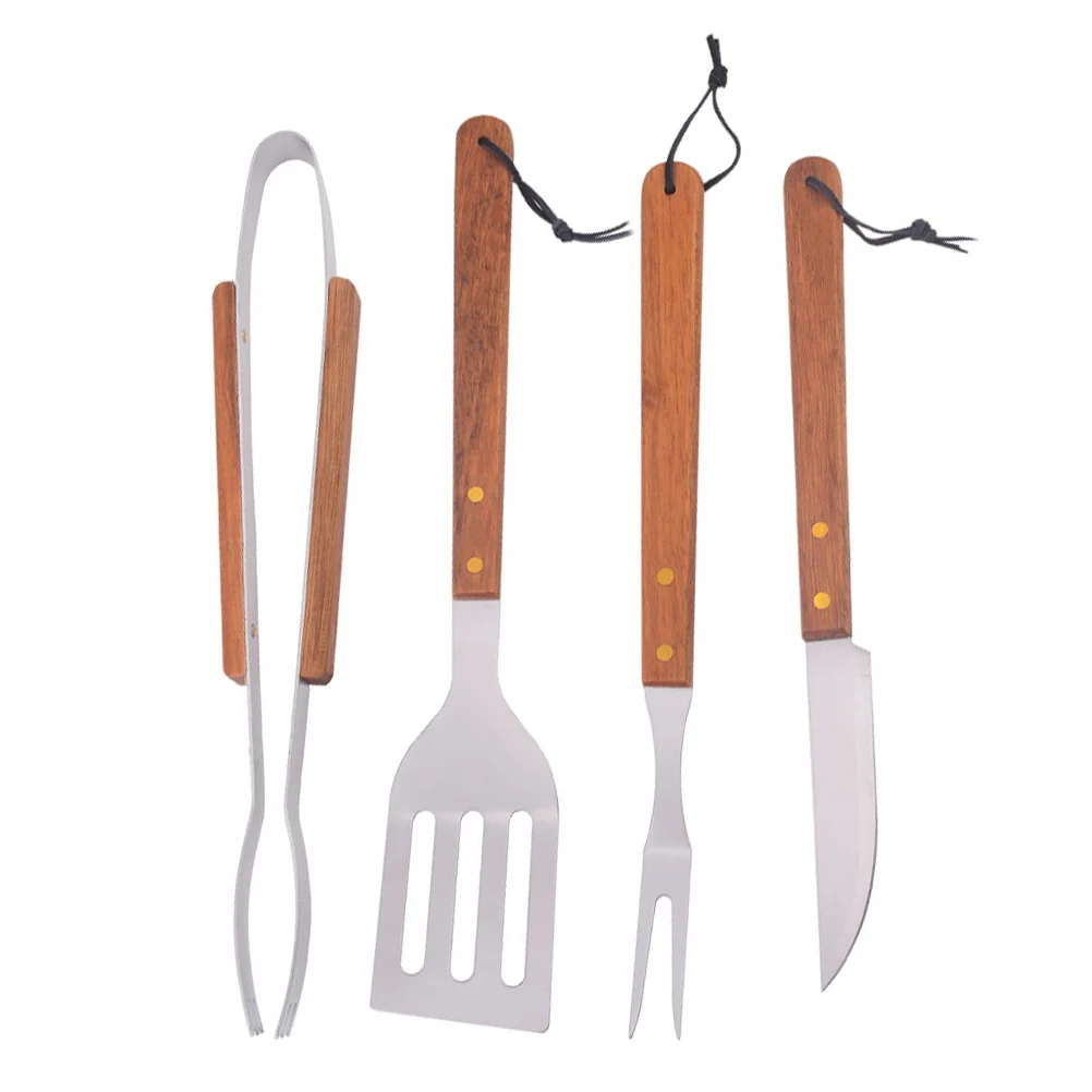 

1 комплект инструментов для барбекю из нержавеющей стали с коричневыми деревянными ручками, прочные принадлежности для барбекю на открытом воздухе, практичная посуда для гриля для кемпинга