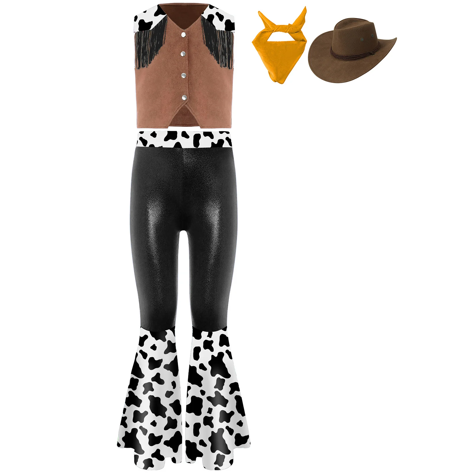 

Детский карнавальный костюм на Хэллоуин для девочек в стиле вестерн, костюм пастушки, жилет с кисточками, брюки-клеш, шарф, шляпа для диско-танцевальной вечеринки