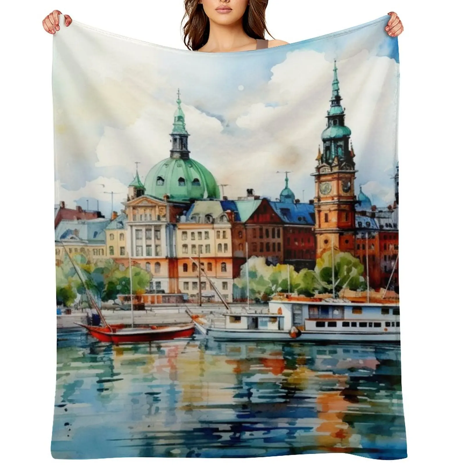 A Watercolor Design of Stockholm - Sweden Throw Blanket Luxury wednesday warm for winter Multi-Purpose Blankets